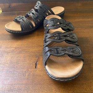 Clarks Leisa Faye Slide Sandals Black Leather Stitch 9.5W